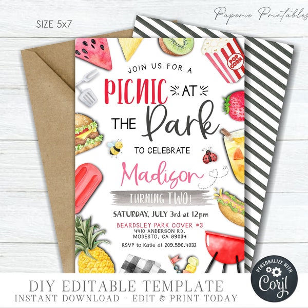 EDITABLE Picnic Birthday Invitation, Birthday Picnic Party Invitation, Picnic in the Park Birthday Invitation - DIY with Corjl - #BP140(1)