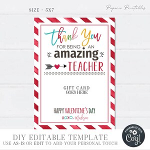 EDITABLE Teacher Valentine's Day Gift Card Holder, Thanks for being an AMAZING Teacher, Gift Card Holder Printable, Teacher Valentine #VT83