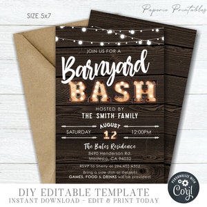 Pode incluir: Um convite imprimível para uma festa no estilo "Barnyard Bash". O convite está em um fundo de madeira rústica com luzes de corda. O texto diz "Join us for a Barnyard Bash" com a palavra "Bash" em letras grandes, brancas com lâmpadas. O convite também inclui a data, a hora, o local e as informações de RSVP.