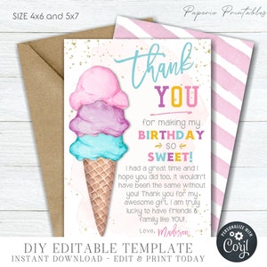 EDITABLE Ice Cream Birthday Thank You Card, Girl Ice Cream Birthday Template, Birthday Thank You Card - DIY Edit with Corjl - #BP71