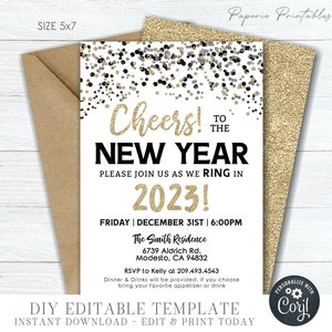 Editable New Year&#39;s Eve Invitation: Glitter Confetti Design (DIY Corjl Template)
