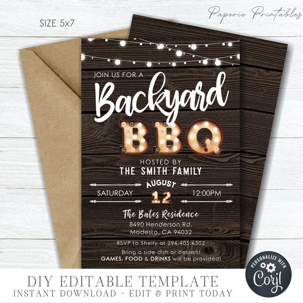 Editable Backyard BBQ Invitation, Family Barbeque, Barnyard Bash Invitation, Country BBQ Invitation, Digital Printable DIY with Corjl #COP13