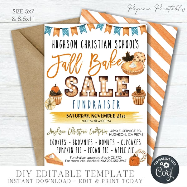 EDITABLE Fall Bake Sale Flyer - School Bake Salel Flyer - Church Bake Sale Event - Community Bake Sale Invitation - DIY with Corjl - #FH04