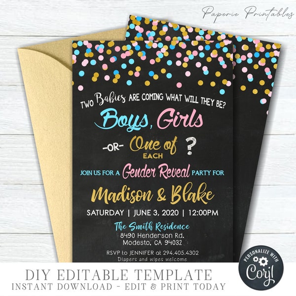 EDITABLE Twins Gender Reveal Party Invitation - Gender Reveal Party Invitation - Blue, Pink & Gold Confetti - DIY Edit with Corjl- #GRP1
