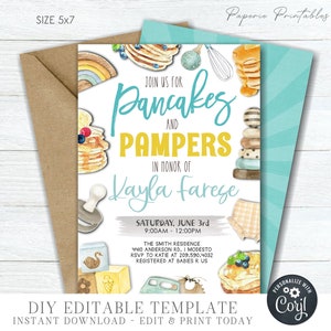 EDITABLE Pancake Baby Shower Invitation, Boy Pancakes and Pampers Shower Invitation, Pancakes and Pacifiers Baby Shower, DIY Corjl - #BS83