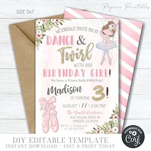 EDITABLE Ballerina Birthday Invitation - Dance & Twirl Ballerina Invitation - Sisters Ballerina Birthday Invitation - Edit with Corjl -#BP30