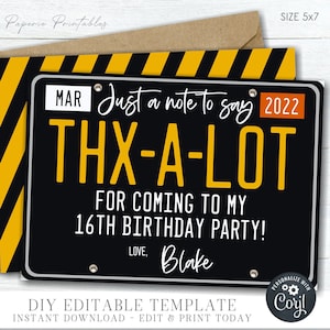 EDITABLE 16th Birthday License Plate Thank You Card, License Plate Thank You, Sweet 16 Birthday Printable, DIY Edit with Corjl - #BP75(2)