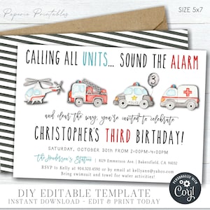 EDITABLE First Responders Birthday Invitation, Emergency Vehicles Birthday Invitation, Rescue Birthday Invitation - DIY with Corjl #BP125