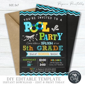 EDITABLE End of School Pool Party Invitation, School is out for SUMMER Pool Party, Pool Party End of School Invitation, DIY with Corjl #SO22