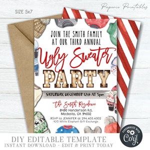 EDITABLE Ugly Sweater Christmas Party Invitation, Ugly Sweater Party Invitation, Christmas Party Template - DIY Edit with Corjl - #CP81