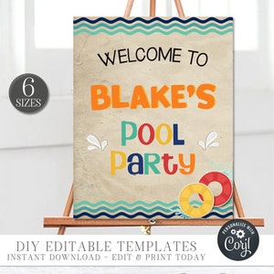 May include: Editable pool party sign template featuring a blue, yellow, and red color scheme with the text "Welcome to Blake's Pool Party".