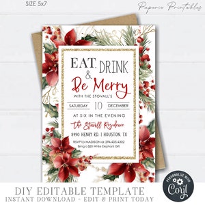 EDITABLE Eat, Drink & Be Merry Christmas Invitation, Holiday Party Invitation, Christmas Party Floral Invitation - DIY with Corjl #CP89(3)