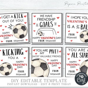 EDITABLE Soccer Valentine Cards, Kids Valentine Cards, Printable Valentine Cards, School Valentine Tags, Soccer, DIY with Corjl - #VT43(4)