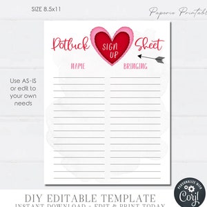 Editable Valentine&#39;s Day Potluck Sign Up Sheet (Digital Download)