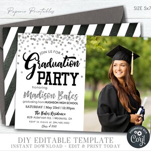 Silver Foil Graduation Party Invitation: Photo Template (DIY Corjl) #GP07