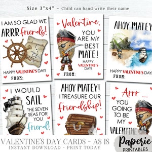 Tarjetas de San Valentín piratas, tarjetas de San Valentín para niños, tarjetas de San Valentín escolares, tarjetas piratas, San Valentín imprimible, etiquetas AS-IS - descarga instantánea #VT86