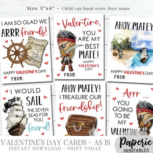 Pirate Valentine Cards, Kids Valentine Card, School Valentine Cards, Pirate Cards, Printable Valentines, AS-IS Tags - Instant Download #VT86