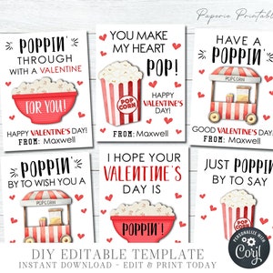 EDITABLE Popcorn Valentine Cards, Kid Valentine Cards, School Valentine Tags, Popcorn Valentines, Printable Valentines, DIY Corjl - #VT53