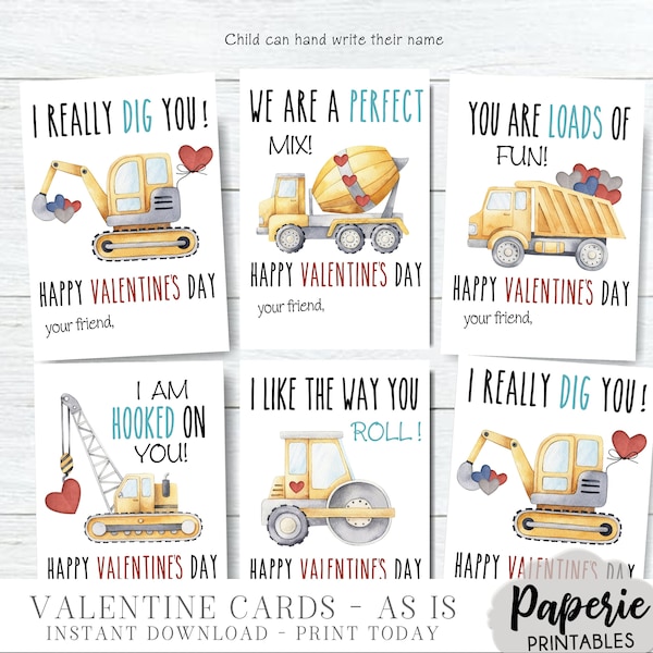 Kid Construction Valentine Tags, Kids Valentine Cards, I Really Dig You Valentine, Valentine Printables AS-IS Tags - Instant Download #VT04