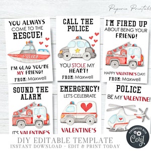 Editable First Responders Valentine Tags, Rescue Valentine Cards , Kids Valentine Cards, School Valentine Tags, Firetruck, DIY Corjl  #VT30
