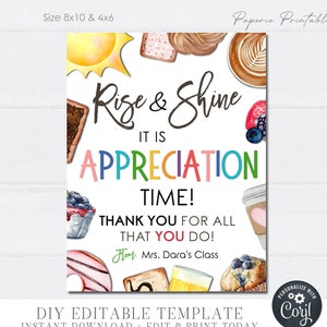 EDITABLE Rise & Shine Teacher Appreciation Sign, Teacher Appreciation Breakfast Sign, Breakfast Teacher Appreciation, DIY with Corjl #TAS03