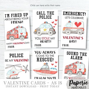 First Responders Valentine Cards, Kids Valentine Card, Emergency Vehicles Valentine, School Valentine, AS-IS Tags - Instant Download - #VT30