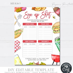 Puede incluir: Plantilla editable de bricolaje para una hoja de inscripción para una fiesta de barrio. El diseño incluye ilustraciones de acuarela de alimentos como una hamburguesa, un perrito caliente y patatas fritas. El texto dice "Sign up Sheet" y "Peacock Estates Block Party August 3rd at 5PM".