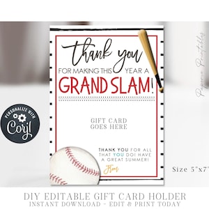EDITABLE Baseball Teacher Appreciation Gift Card Holder, Grand Slam Teacher Appreciation Gift, Teacher Printable, DIY w/Corjl, #STG76(2)