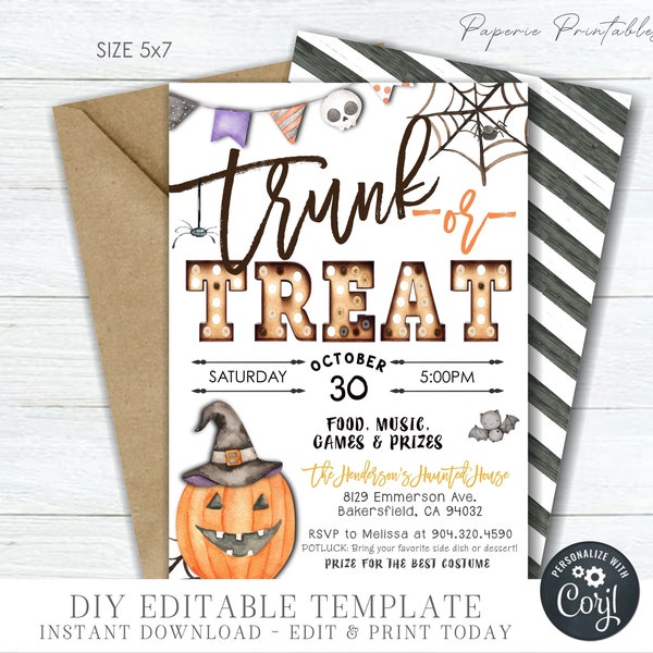 EDITABLE Halloween Trunk or Treat Flyer, Trunk or Treat Template, Halloween Invitation Printable, Halloween Printable - DIY Corjl - #HP24