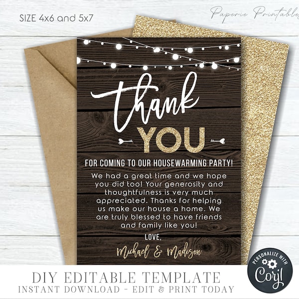 EDITABLE Housewarming Thank You Card, Rustic Housewarming Party Thank You, Country Housewarming Thank You Card - DIY with Corjl - #HW01