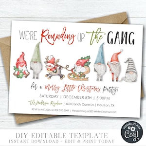 EDITABLE We're ROUNDING up the GANG, Gnome Christmas Party Invitation, Gnome Holiday Party Invitation - DiY Edit with Corjl - #CP100