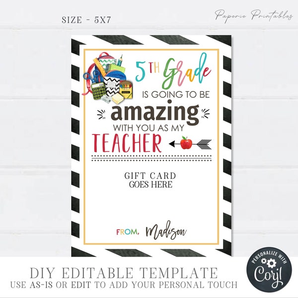 EDITABLE First day of School Teacher Gift Card, Back to School Teacher Gift Card, Amazing Year Teacher Printable, Edit with Corjl - #STG20
