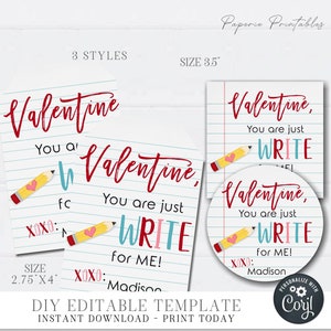 Editable Pencil Valentine Tags, You are just WRITE for me Valentine Tag, School Valentine Tags, Kids Valentine Cards - DIY with Corjl #VT27
