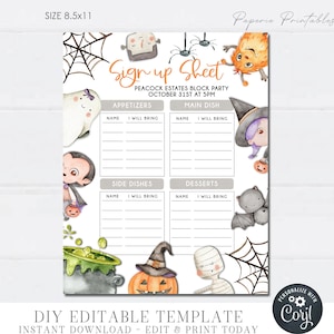 May include: Printable Halloween sign-up sheet with a cute cartoon design. The sheet is divided into four sections: appetisers, main dish, side dishes, and desserts. Each section has a space for a name and what they will bring. The sheet is decorated with cute Halloween characters like a ghost, a vampire, a witch, a mummy, and a bat.
