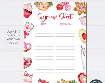 May include: Printable sign-up sheet with a red and white heart cookie theme. The sheet has a title "Sign up Sheet" and columns for "Name" and "Bringing". The sheet is decorated with watercolor illustrations of cookies, candy canes, and other holiday treats.