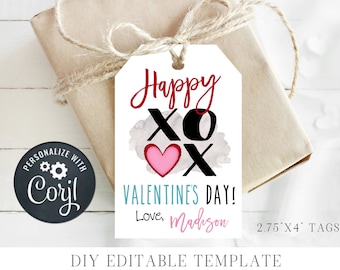 May include: Printable Valentine's Day gift tags with a watercolor background, black and white XOXO design, a pink heart, and the text "Happy XOXO Valentine's Day! Love, Madison". The tags are 2.75 inches by 4 inches.