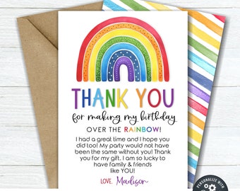 May include: A colorful rainbow-themed thank you card with the text "THANK YOU for making my birthday." The card is paired with a brown envelope and a striped patterned card. The text "DIY EDITABLE TEMPLATE" is at the bottom.