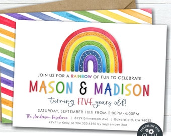 May include: A printable invitation for a birthday party with a rainbow design. The invitation says "Join us for a rainbow of fun to celebrate Mason & Madison turning five years old!"  The invitation includes the date, time, and location of the party.