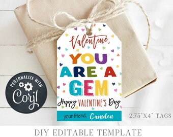 EDITABLE Kids Valentine Cards, Ring Pop Valentine Tag, You are a Gem Valentine Tag, DIY Editable Valentine Cards - Edit Corjl - #VT01
