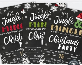 May include: Three black chalkboard style Christmas party invitations with white snowflakes and text. The text reads "Let's Jingle & Mingle" with the date and time of the party. The invitations are for a Christmas party with different locations and hosts.