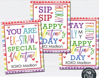 Silly Straw Valentine Cards: Editable Kids School Gift Tags (Digital Download)