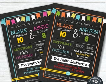 May include: A chalkboard style printable birthday party invitation for Blake and Ashton. The invitation features colorful pennant flags and the text "Join us to celebrate... Blake is turning 10 & Ashton is turning 8". The invitation also includes the date and time of the party, the location, and RSVP information.