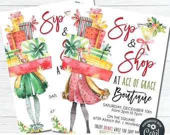 EDITABLE Christmas Sip & Shop Flyer, Christmas Shopping Flyer, Holiday Shop and Sip, Christmas Boutique Sale Flyer, DIY Corjl - #CF02