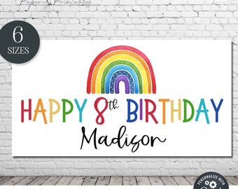 May include: Printable banner featuring a rainbow design and the text "HAPPY 8th BIRTHDAY Madison". The banner is white with a rainbow arch and colourful text. The text "DIY BANNER/BACKDROP INSTANT DOWNLOAD - EDIT & PRINT TODAY" is at the bottom of the banner.
