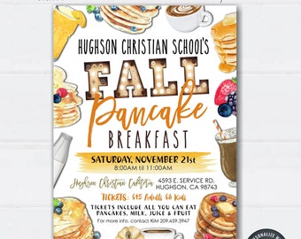 Könnte beinhalten: Eine druckbare Einladung zu einem Herbst-Pfannkuchenfrühstück in der Hughson Christian School. Die Einladung zeigt eine Aquarell-Illustration von Pfannkuchen, Obst und Kaffee. Der Text lautet "Hughson Christian School's Fall Pancake Breakfast, Samstag, 21. November, 8:00 Uhr bis 11:00 Uhr, Tickets: 15 $ Erwachsene 8 $ Kinder, Die Tickets beinhalten alle Pfannkuchen, Milch, Saft und Früchte, die Sie essen können. Für weitere Informationen wenden Sie sich an Kim 209.459.3947."