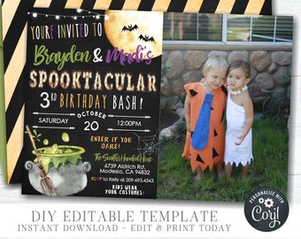 May include: A black and orange striped background with a chalkboard style invitation for a 3rd birthday party. The invitation says "Brayden & Madi's Spooktacular 3rd Birthday Bash!" with a date of Saturday, October 20th at 12:00 PM. The invitation also includes a photo of two children dressed as Fred Flintstone and Wilma Flintstone.