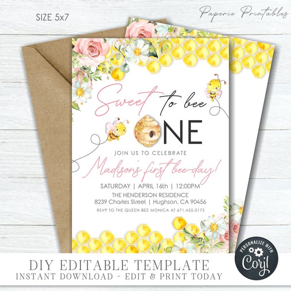 EDITABLE Sweet to Bee ONE Birthday Invitation, Bee-day Birthday Invitation, Bee Party Invitation, Girl Bee Birthday, Edit with Corjl #BP117