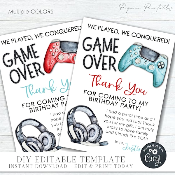 EDITABLE Gaming Birthday Thank You Card, Video Game Birthday Thank You Card, Video Game Thank You Card, Printable - DIY w/Corjl - #BP155 (1)