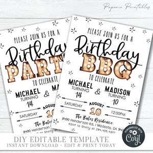 Editable Siblings Birthday BBQ Invitation, Birthday Party Invitation for TWO, Adult Birthday Invitation, 2 people Birthday, DIY Corjl #BP171