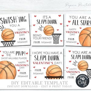 EDITABLE Basketball Valentine Cards, Kids Valentine Cards, Printable Valentine Cards, School Valentine Tags, DIY with Corjl - #VT43(2)